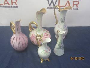 lot 66 image: TOTAL OF 5VINTAGE HANDPAINTED SMALL PORCELAIN VASE PITCHERS