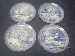 lot 86 image: TOTAL OF 4 COLLECTOR PLATES&nbsp&nbsp THE FARMERS HOME - WINTER ,THE HOMESTEAD&nbsp IN WINTER ,THE OLD HOMESTEAD IN WINTER ,THE HOME IN THE WILDERNESS CURRIER &amp IVES VINTAGE COLLECTOR PLATES&nbsp-