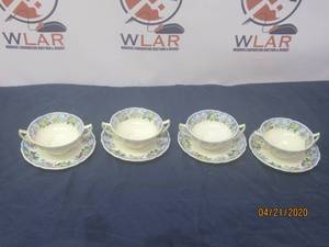 lot 138 image: TOTAL OF 8PC P-&nbsp 4 PERSON SETTING VINTAGE&nbsp ROYAL DOULTON CHINA POMEROY PATTERN SAUCERS &amp SOUP CUPS&nbsp