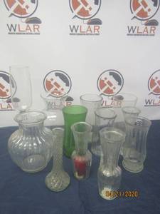 lot 140 image: TOTAL OF 13 ASSORTED GLASS VASES 7 TO 16 TALL&nbsp