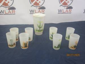 lot 199 image: 9 PC&nbsp BLAKELY OIL&nbsp ARIZONA FROSTED CACTUS TUMBLER SET IN ORIGINAL BOX&nbsp