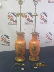 lot 200 image: TOTAL OF 2 VINTAGE ORANGE LAMPS WITH GOLD FLORAL DESIGN AND BRASS BASE&nbsp