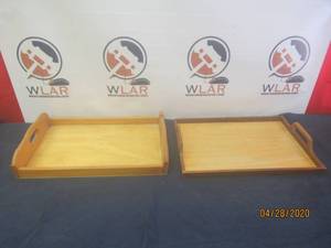 lot 214 image: TOTAL OF 2 WOOD SERVING TRAYS WITH HANDLES&nbsp