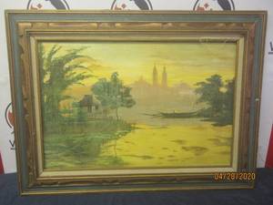 lot 241 image: VINTAGE FRAMED CANVAS PAINTING SANTA TOMAS UNIV MANILA PHILIPPINES PASIQ RIVER&nbsp SIGNED SABEROLA MVC PHILIPPINES&nbsp