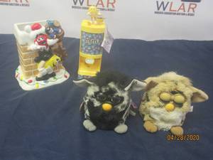 lot 252 image: 1981 M&ampM CHRISTMAS CHIMNEY VASE , M&ampM CANDY DISPENSER ,&nbsp 2-VINTAGE FURBY DOLLS&nbsp
