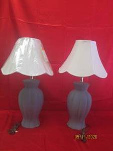 lot 305 image: TOTAL OF 2 CERAMIC BLUE LAMPS WITH WHITE SHADES&nbsp