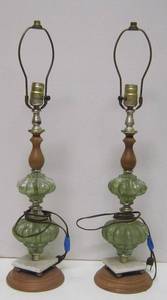 lot 410 image: 2 Glass, Wood, & Brass Table Lamps
