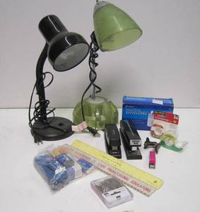 lot 411 image: 2 office lamps and assorted supplies