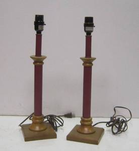 lot 564 image: 2 Wood & Maroon Colored Candlestick Lamps