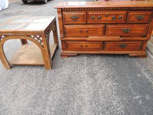 lot 147 image: 7 drawer dresser 33H x 56w x 18 deep and 4 glass top end table 28 x 28 top x 24
