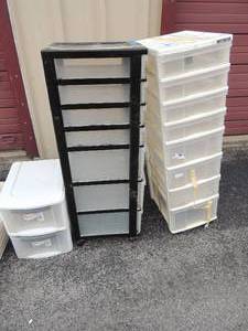 lot 166 image: White Iris mini shelf on 2 wheels with 8 drawers, Black Iris mini shelf on 4 wheels with 8 drawers and 2 sterilite ultra storage bins 16 x 12 x 8e