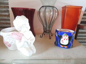 lot 138 image: Tall red vase 8 tall, 10 orange square top vase, 14 glass vase in stand, bloom rite angel flower vase and bathroom penguin container