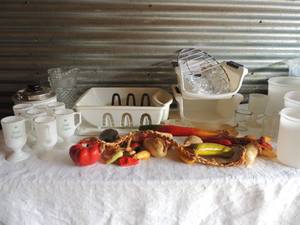 lot 182 image: Dish drainer, 2 stackable storage bins, 6 Irish coffee mugs, wax fruit and vegetable and misc. kitchen items