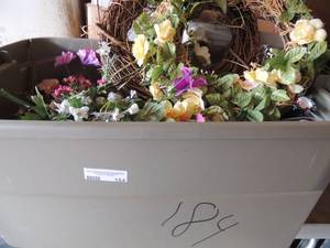 lot 184 image: Gray tub full of wreath making material flowers, wicker and 2 wreaths