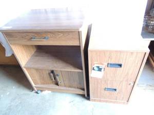 lot 200 image: 2 drawer file cabinet with file folders Black 4 shelf cabinet 43H and 2 feet wide Microwave cart on wheels 2 shelves 1 drawer 32H 2 foot wide