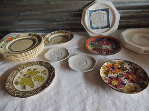 lot 205 image: Plate lot- Steve Young NFL plate with certificate of authenticity , 2 leaf design whit saucers, 8 masons china 1 matching bowl, green leaf plate with grapes and Italian plate with floral design
