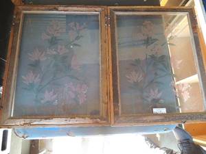 lot 212 image: 2 glass frames with etched flower 27x21 wood frame