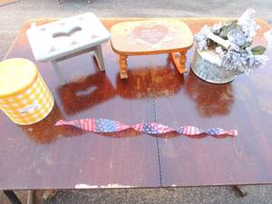lot 230 image: small blue step stool small childrens rocking stool tin flower pot with house painted on it and yellow tin can