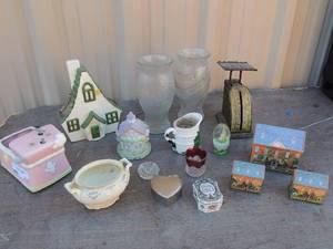 lot 232 image: Knick Knacks- vases, music box, antique scale and more