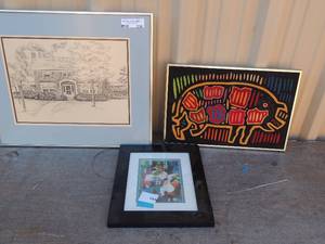 lot 234 image: Embroidered pig pic 17x11 hand painted pic 10x12 house painting by E Rosenberg 20 x 17