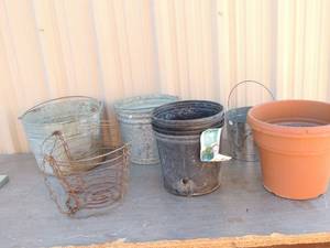 lot 235 image: Various metal buckets 8 black plastic planters and 2 brown planters