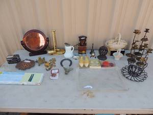 lot 265 image: Misc. lot- Smokers candle IB, S&P shakers new in box, shoe pin cushion, candle holders, tabletop makeup mirror, tie and belt rack NIB and much more