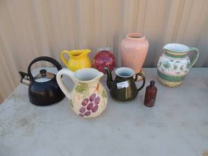 lot 266 image: Black kettle, Pfaltzgraff copyright pic pink glass flower vase yellow pitcher green pitcher and more