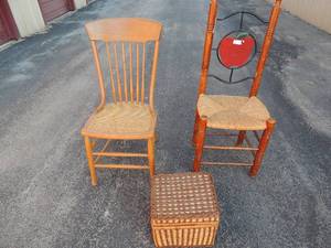 lot 270 image: Apple back kitchen chair brown wooden chair and a wicker picnic basket