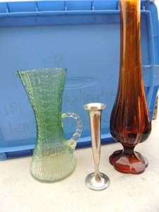lot 240 image: Silver bud vase, brown bud vase and green bubble glass vase with handle