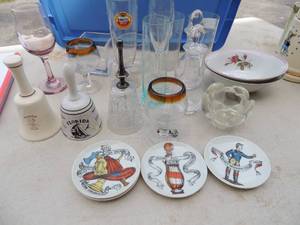 lot 242 image: 2 floral bowls, various wine glasses, crystal bell, Missouri St. bell Florida state bell, 1881 Jockey plate, barber poll plate 1890 fire helmet 1877 fire trumpet plate