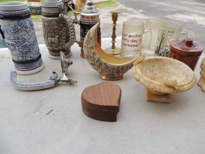 lot 244 image: Ceramarta Avon Stein handle broken all pieces there for repair, Avon western stein, Verandern Sich Augerbtick stein small table top bird bath childs face statue 12 moon design dcor and more