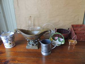 lot 246 image: Basket lot- white horse creamer metal pitcher, ceramic Fitz and Floyd bow veggie container 2 crystal handled baskets