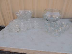 lot 259 image: Blown glass punch bowl with 12 cups and ladle and grape design punch bowl with 11 matching cups