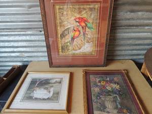 lot 313 image: Parrot pic, flower by Barbra Mock, Girls tea party pic by Gay Talbot