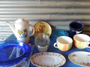 lot 317 image: 2 blue pyrex baking dishes water pitcher blue grapes ironstone 2 french soup cups and more