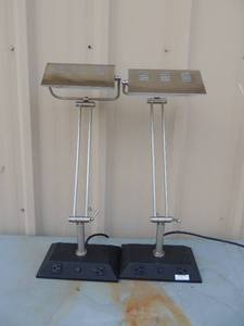 lot 2 image: Desk top lamp silver and metal top 2 extra plugs on base use only GU24 bulbs   qty 2    heavy