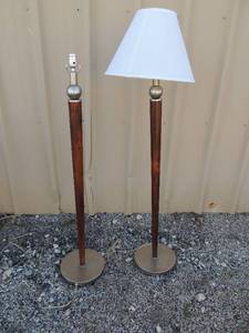 lot 6 image: 2 floor lamps dark wood silver base with white shades