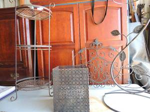 lot 24 image: 3 tier metal plant stand a metal basket an 3 shape  metal plant stand metalwall art