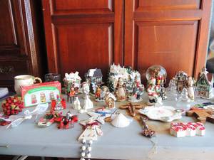lot 27 image: Christmas lot- dcor houses, tree ornaments, snow globe, angels, dog set NIB white worry box with 3 glass angels NEW and much more