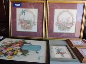 lot 28 image: M. Butron matching baskets x 2 21.5 x 18   Black hand painted f lower vase by Sandra 9 25.5 x 18    teal green photo flowers 11.5 x 9.5 and 2 brown frames art pieces 10x9