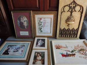lot 29 image: Only one mom art 18x11, evening evert photo 14x17 2 little girl art 8x10,hand knitted art 23x19, foam art of brain 23 x 14