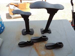 lot 56 image: Vtg  cast iron cobbler shoe making stands base x 2 forms molds  x 5