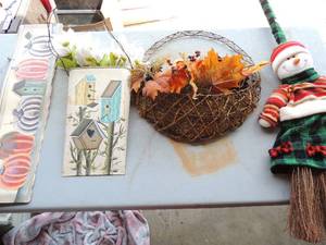 lot 58 image: Fall dcor snowman broom fall leaf wall art, tin bird house flower holder