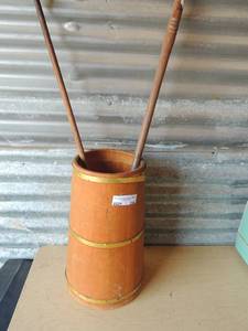 lot 286 image: wooden churn umbrella holder, WALKING STICK  & WOOD  WEAVING ROD
