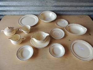 lot 294 image: Taylor Smitth dish set includes- Sugar & Creamer, gravy boat, large salad bowls, 12 saucers, 11 bread plates, 8 dessert plates, 3 oval bowls, 11 cups, 13 dinner plates and 8 soup bowls  60 PCS