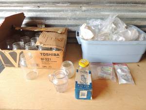 lot 300 image: CANNING JARSSUPPLIES  - Mason& KERR  Jars, 19 quart  Blue tote various other mason jars some with lids and box of done lids for rings