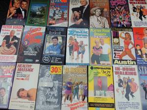 lot 278 image: Lot of various VHS tapes- Workout videos, healthy message, comedy, smokymountains, sweet ole ladies, ancient warriors, horror,  the cathedrals, Al Pacino, Titanic, The unforgettables, holy ground and many more