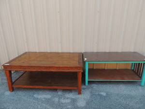 lot 252 image: 2 Coffee tables, Green and brown wooden coffee table 44 wide x 20d x 20. & Solid brown coffee table 20 t x 30w x 50