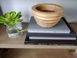 lot 102 image: Carved Wooden Bowl, Faux Succulent & 4 Books