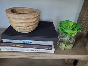 lot 103 image: Carved Wooden Bowl, Faux Succulent & 4 Books